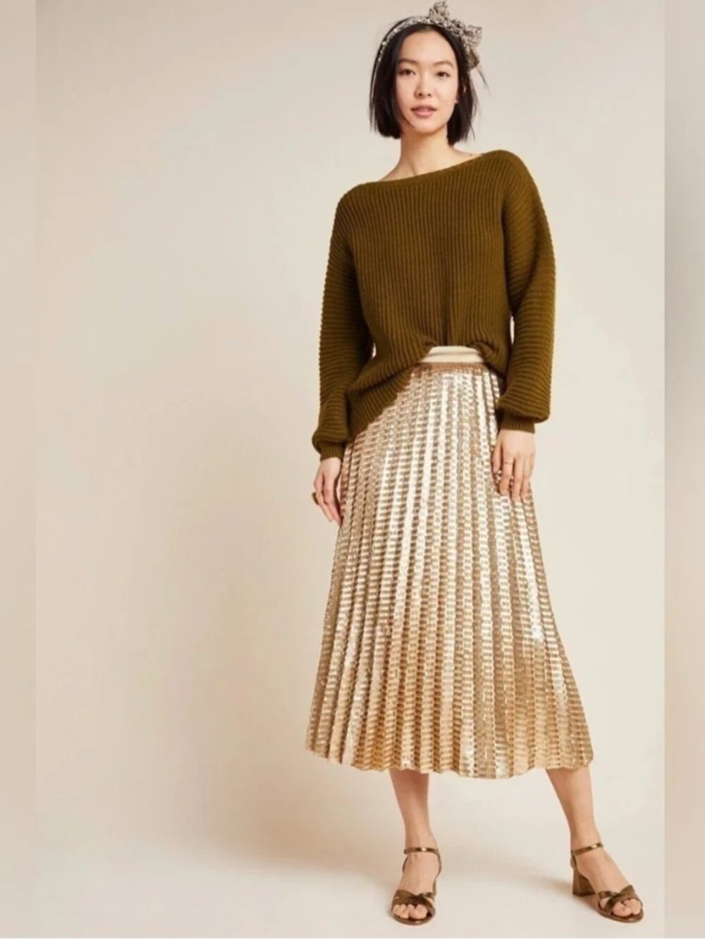 Anthropologie Maeve Natalia Gold Sequin Midi Skirt Size 4 NWT